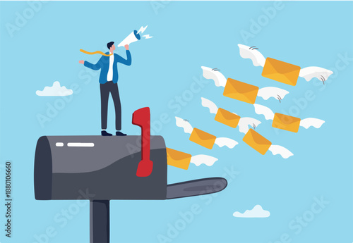 Email communication, subscribe newsletter, sending online envelope e-mail to user mailbox, digital inbox marketing engagement, send or receive notification, envelope email flying to mailbox.