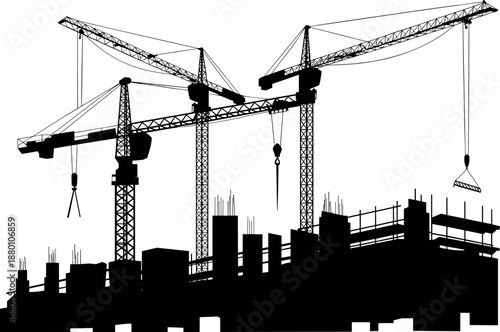 Set of Industrial Construction Crane Silhouettes on Building Site for Civil Engineering Urban Development Architectural Project Management Infrastructure Growth and Heavy Machinery 