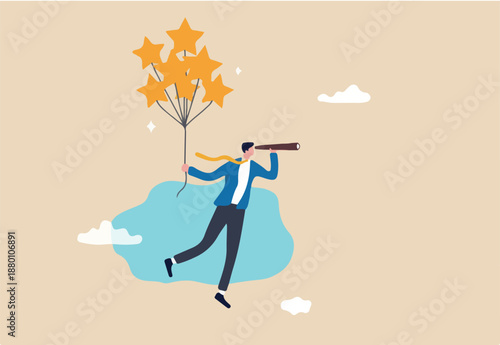 Evaluation or performance rating, reputation or customer satisfaction review, quality feedback or best service, positive stars rating, businessman flying with stars rating balloon look for future. 