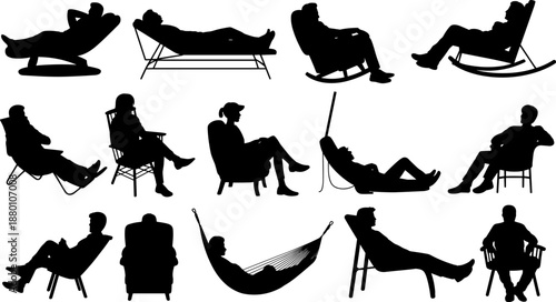 Set of People Relaxing Silhouette in Various Chairs and Hammock for Interior Design Lifestyle Wellness Comfort Leisure Home Furniture and Outdoor Relaxation Concepts