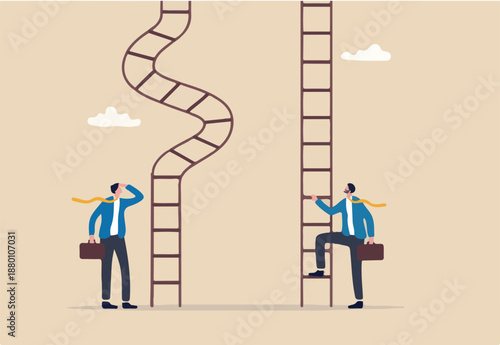 Career ladder challenge, difficulty step growth, different job opportunity or ambition, climbing ladder with obstacle concept, businessmen about to climb up easy and difficult career ladder.