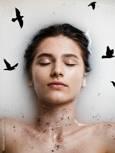Serene young woman with closed eyes in a milky bath, surrounded by flying bird silhouettes. Evokes peace, purity, and surreal beauty, ideal for relaxation, dreams, and artistic concepts.
