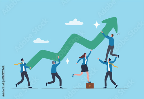 Teamwork support, collaboration for team success, colleague helping or effort to progress to achievement, cooperation, synergy concept, business people colleague help carry growing success arrow.