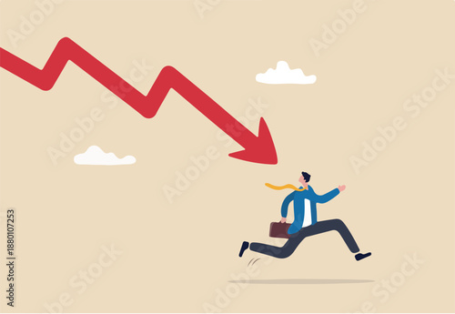 Business failure, economic recession or investment loss or stock market falling down, crisis or crash, investing risk or depression concept, failed businessman run away from falling down arrow chart.