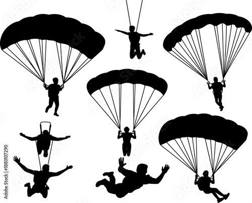 Set of Skydiver and Parachutist Silhouette Figures Jumping and Flying for Extreme Sports Adventure Skydiving Activity Outdoor Recreation Adrenaline and Freefall Graphic Design Elements