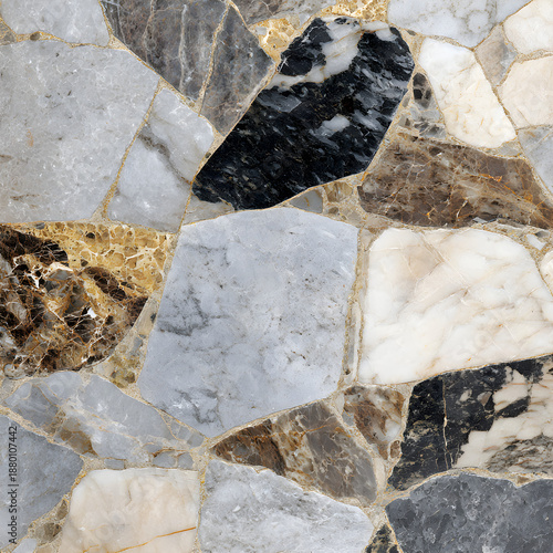 Full-frame 2D Breccia Paradiso marble tile with patchwork of ivory, grey, and gold fragments, polished glossy finish, showcasing natural complexity.
