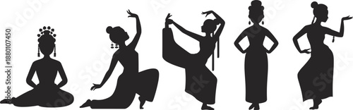 Set of Traditional Southeast Asian Female Dancers Silhouette in Elegant Poses for Thai Khmer Cambodian Cultural Performance Arts Illustration and Graphic Design Elements