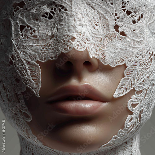 Сlose-up portrait of a woman in an intricate white lace mask, ethereal fantasy style