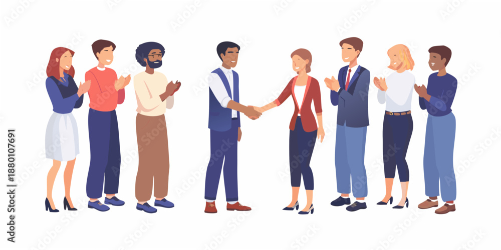 Fototapeta premium a diverse group of people standing in a line and clapping for two people shaking hands