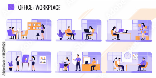 Modern office scenes depicting diverse employees collaborating and working diligently