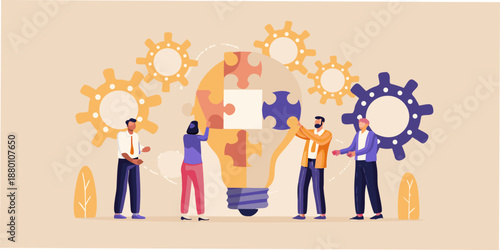 Teamwork and innovation people building a lightbulb with puzzle pieces