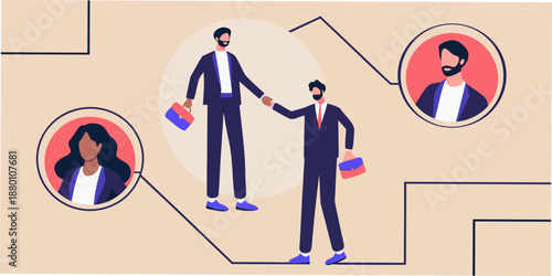 Business professionals shaking hands with team portraits in a modern office setting