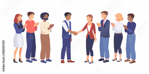 a diverse group of people standing in a line and clapping for two people shaking hands