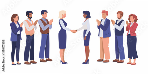 A group of diverse professionals applauding a handshake agreement