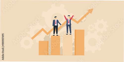 Business professionals celebrating success on a rising graph with gears