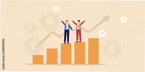 Business growth and success team celebrating achievements with rising graph