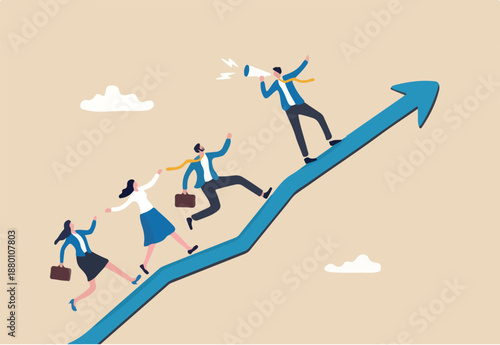 Motivate employee, career improvement or inspiration for self development to success in work, motivation or advice for business growth, businessman with megaphone motivate employees to walk up arrow. 
