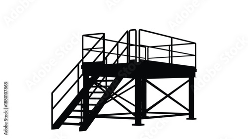 a black and white drawing of a metal stairway and platform with railing