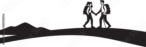 Couple holding hands hiking on mountain silhouette
