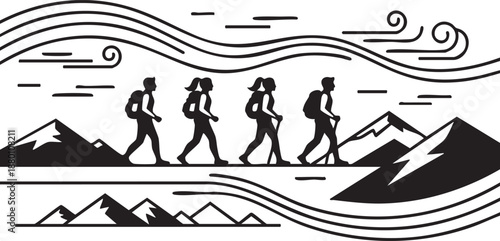 Four people hiking in mountains with backpacks under cloudy sky