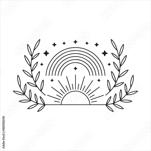 Boho Celestial Sun and Rainbow Silhouette with Laurel Wreath Frame