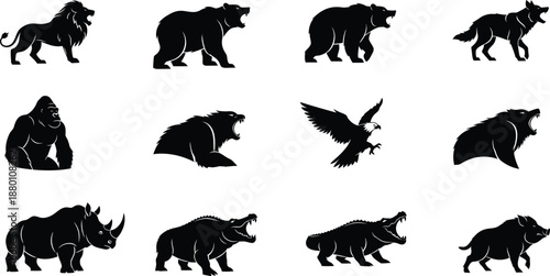 Silhouette of various animals in a grid pattern
