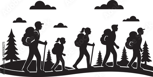 Group Of Hikers Walking In Forest With Backpacks And Trees