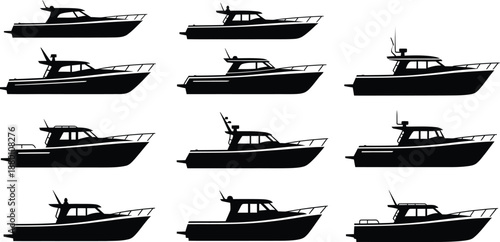 Silhouette of multiple boats on water black shapes on white background
