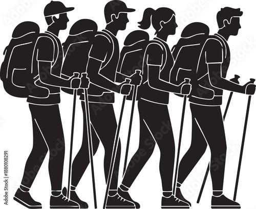 Group of hikers with backpacks and trekking poles walking together