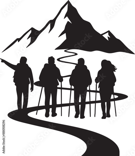 Group of hikers with backpacks on a mountain trail