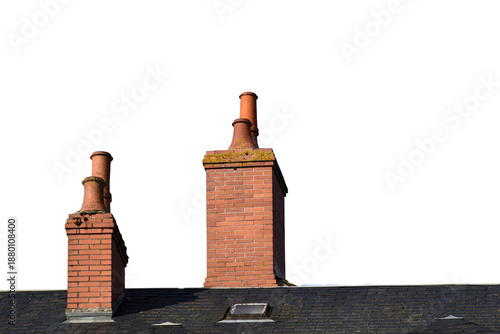 A roof with old brick chimneys isolated on the transparent background