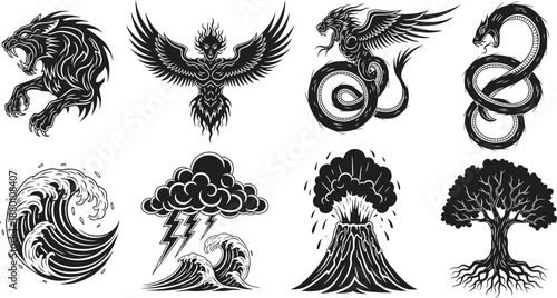 Silhouette of various mythological and natural elements