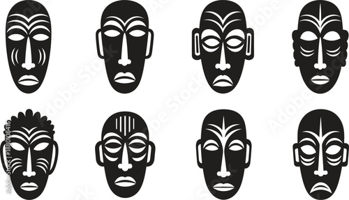 African tribal mask silhouettes in two rows of four