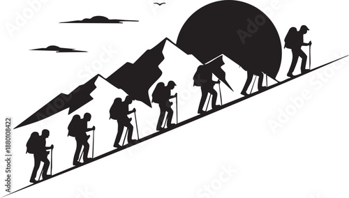 Hikers ascending a mountain with a large sun in the background