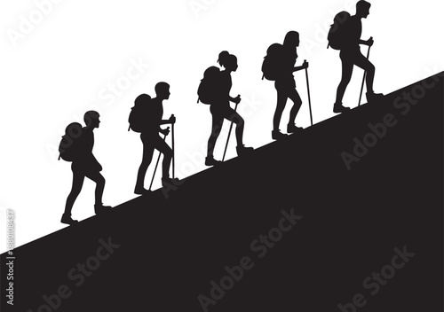 Hikers ascending a steep slope with backpacks and trekking poles