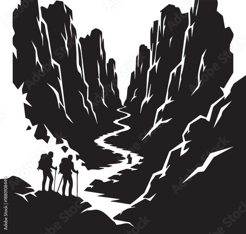 Hikers Walking Through Mountain Valley Black And White Silhouette