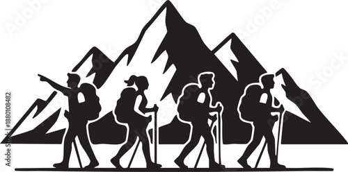 Silhouette hikers with backpacks and trekking poles in front of mountains