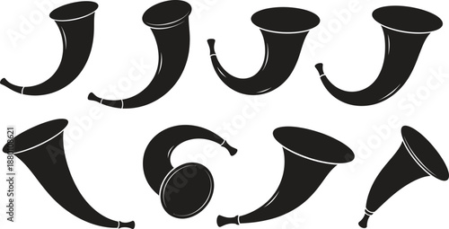Silhouette of various french horn musical instruments in different positions
