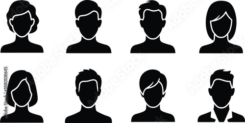 Silhouette of eight people with various hairstyles and facial features