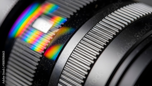 A detailed close-up shot of a camera lens showing rainbow light spectrum and knurled focus rings