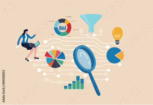 Business intelligence data analysis for business insight, database or statistics, marketing technology or data funnel or indicator concept, businesswoman work with data analysis and magnifying glass.
