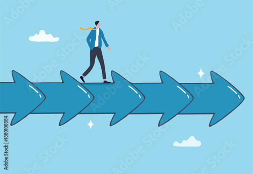Consistency to growth, reliability or stability to progress in career development, balance or steady step, continuity growing, certainty concept, businessman walk slowly on steady consistence arrow.