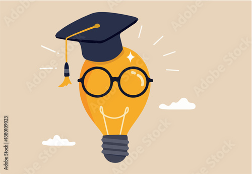 Education or knowledge is power to build creativity, idea or solution, academic or training course concept, genius bright lightbulb wearing eyeglasses and graduation hat or mortar board.