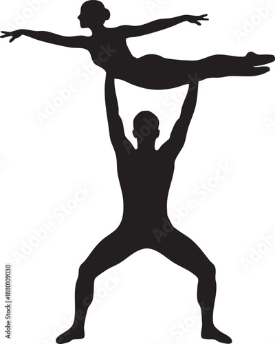 Silhouette of two people in yoga pose with arms raised