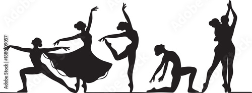 Silhouettes of dancers in various ballet poses black