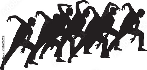 Silhouettes of dancers in various poses black white 2