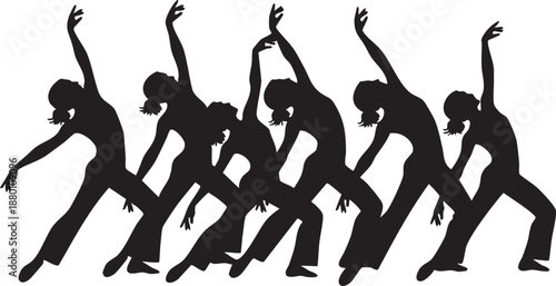 Silhouettes of dancers in various poses black white