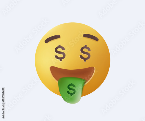 Money mouth face yellow emoji smile emoji 3D vector illustration. Dollar money mouth face emoticon icon. Yellow emoticon with currency, chat conversation reaction, Green tongue face, hustle revenue