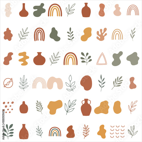 Abstract Boho Earthy Icon Set with Rainbows, Vases, and Leaves
