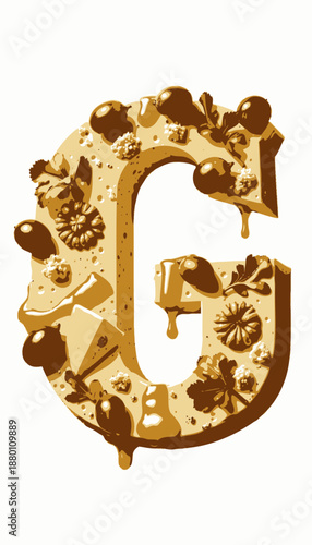 Artistic Typography Featuring Cheesy Letter G Adorned with Grapes, Parsley, and Nutty Elements in a Creative Culinary Design